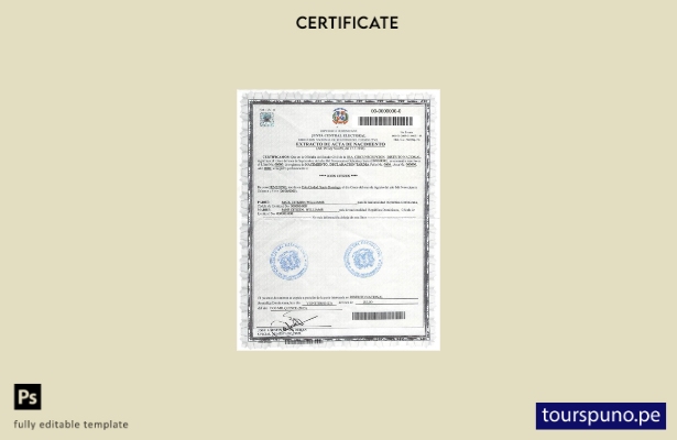 Plantilla de certificado de nacimiento de Dominicana lista para imprimir